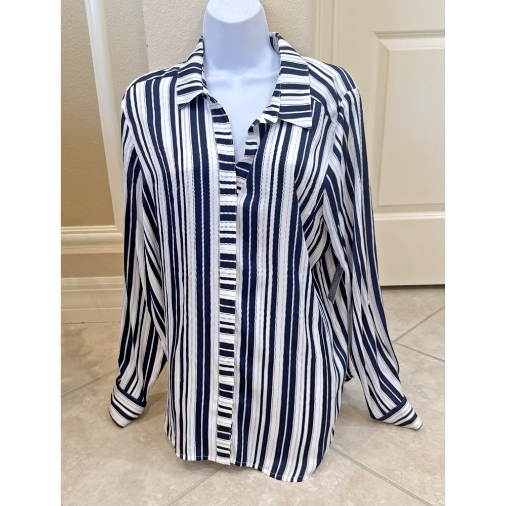 NWT Lemon Tart V Neck Button Up Blouse White Blue Stripes Roll Tab Sleeves Sz XL